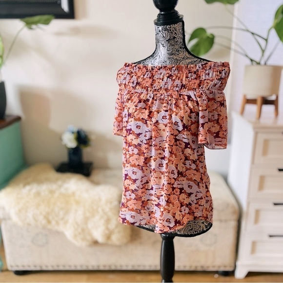 🏷️ 4/$25 Madewell Smocked Mockneck Off-Shoulder Top in Floral Breeze Size Small - Picture 5 of 11